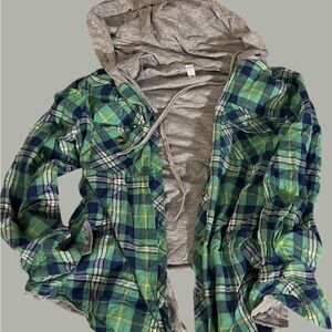 Plaid Green and Blue Button Down Shirt with Hood #35